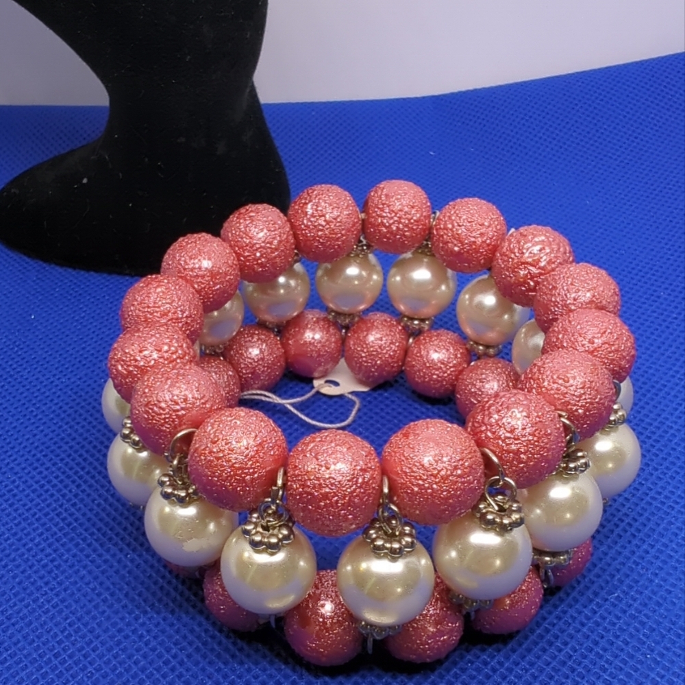 Bracelet Pearls Triple Row W/ Silver Spacers Stretch Bracelet Pink/White NWT